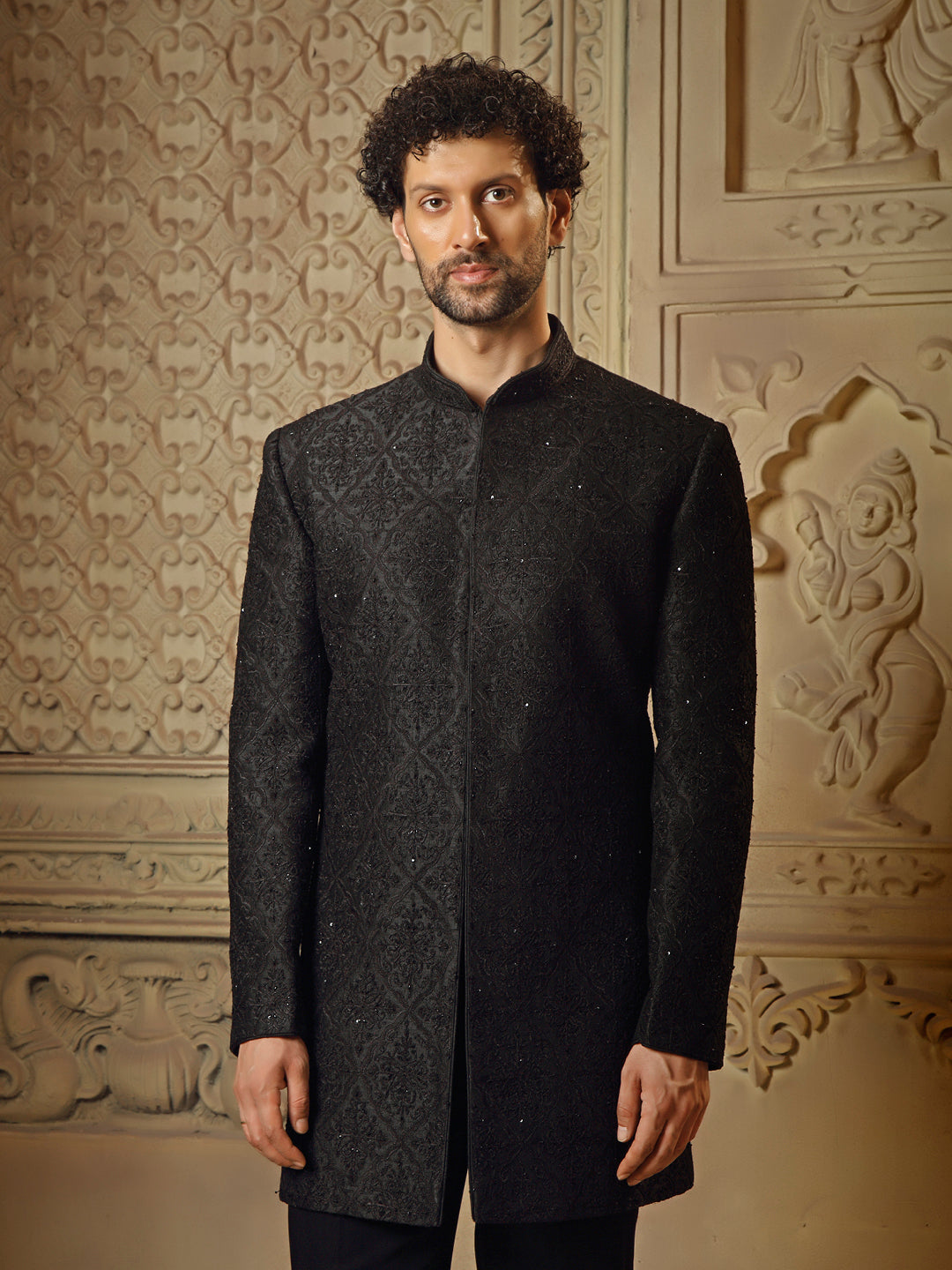 Black Raw Silk Indowestern Set