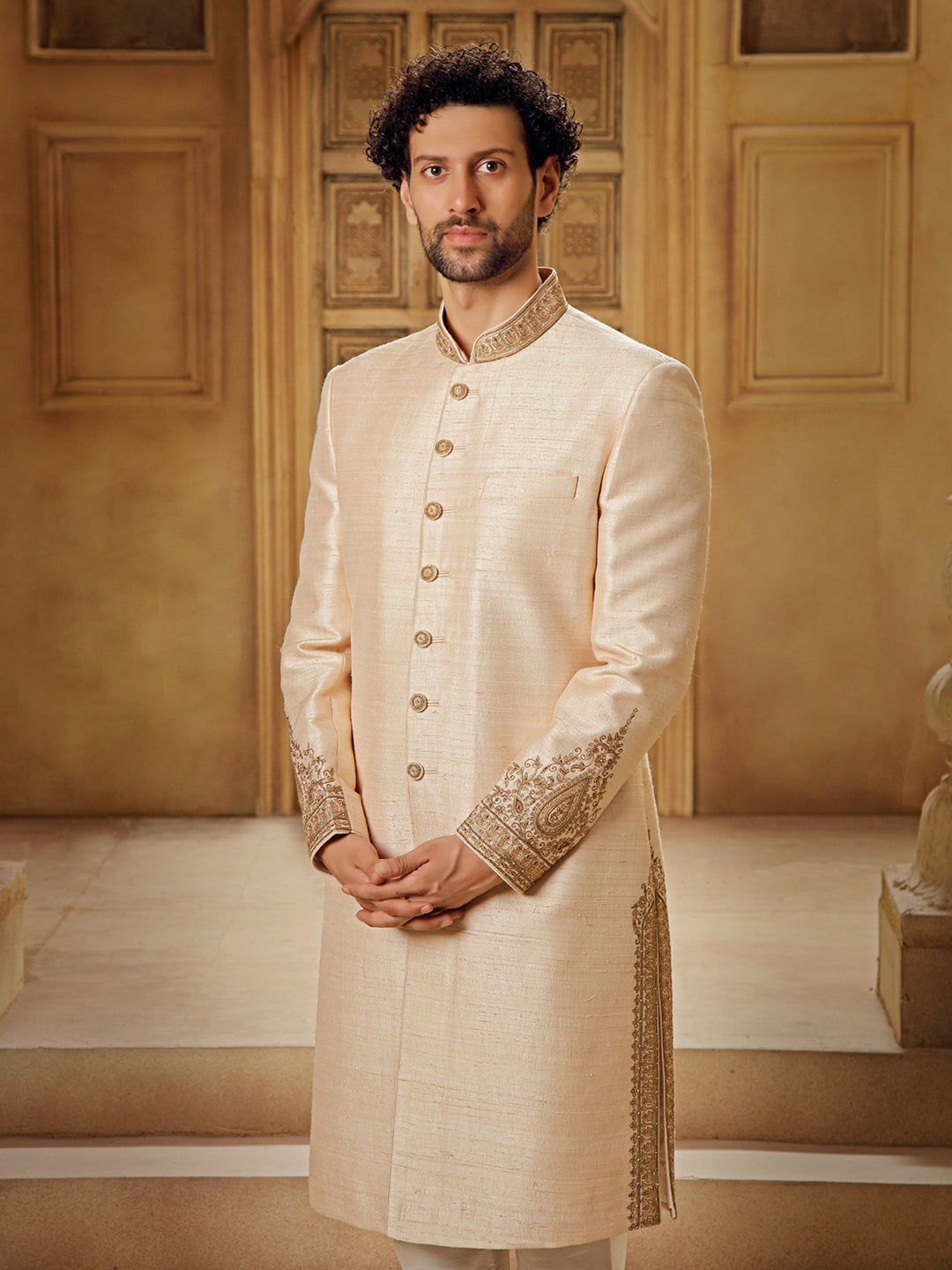 BEIGE SHERWANI WITH TILLA EMBROIDERY