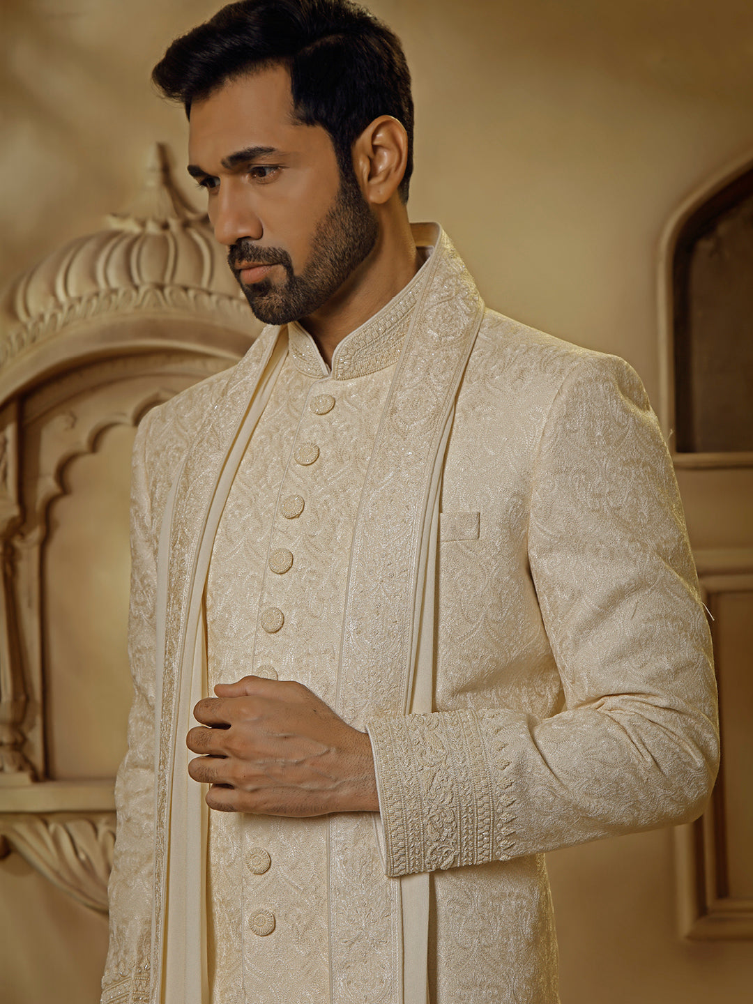 PEARL COLOUR SHERWANI WITH ALLOVER DIGITAL EMBROIDERY