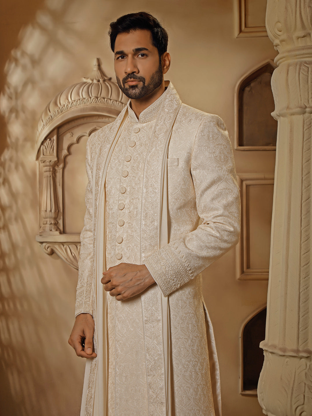 PEARL COLOUR SHERWANI WITH ALLOVER DIGITAL EMBROIDERY
