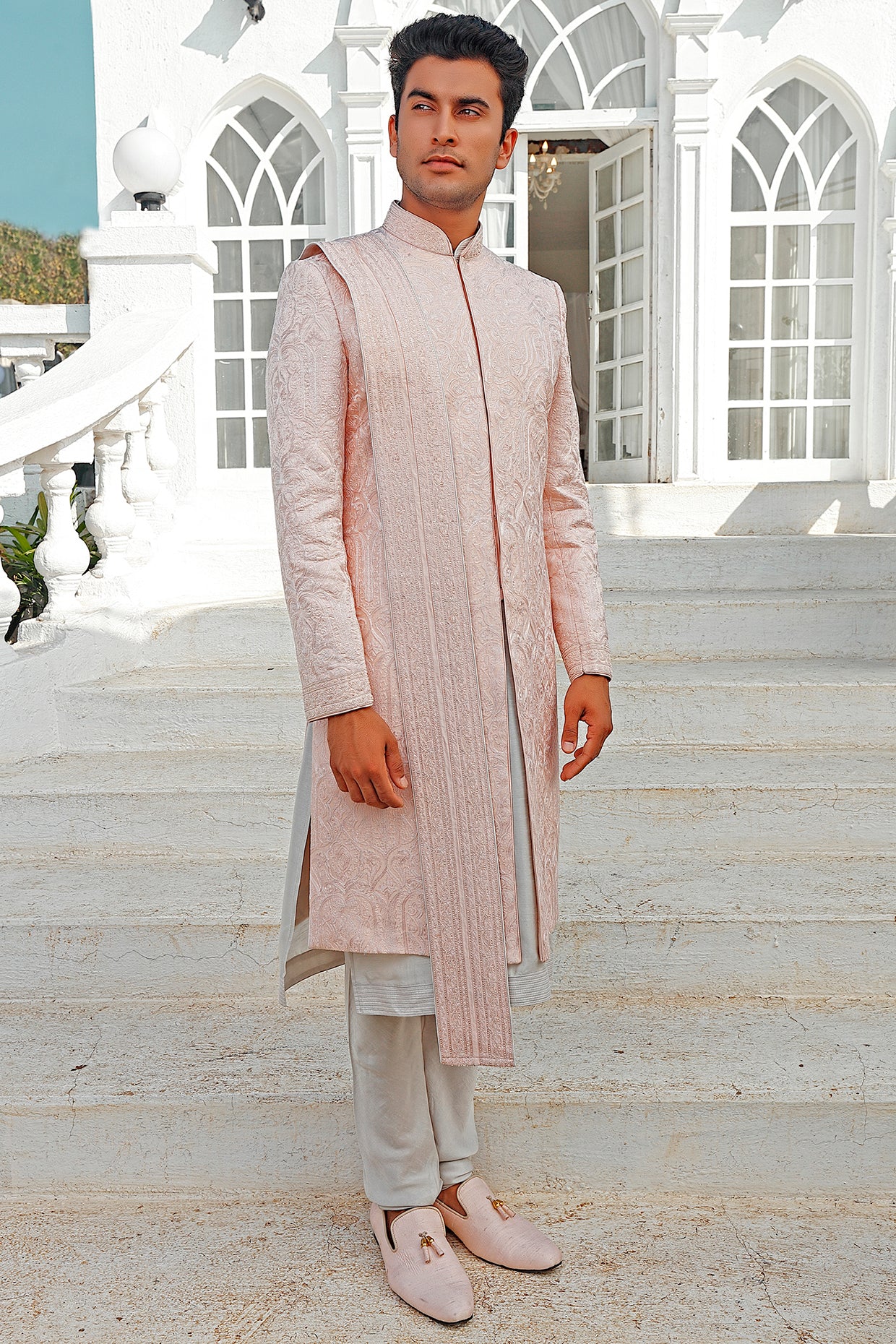 Pink Embroidered Sherwani Set