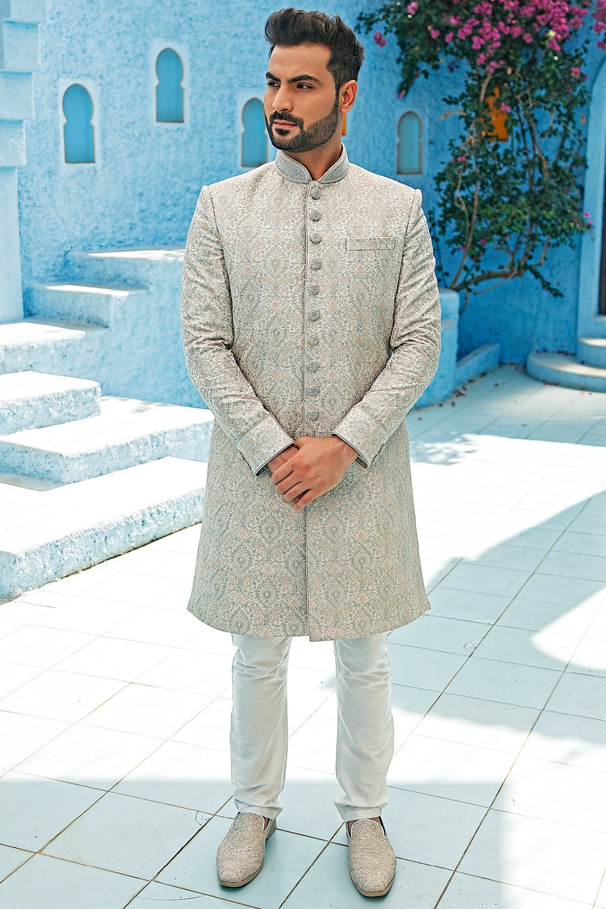 Grey Embroidered Sherwani Set