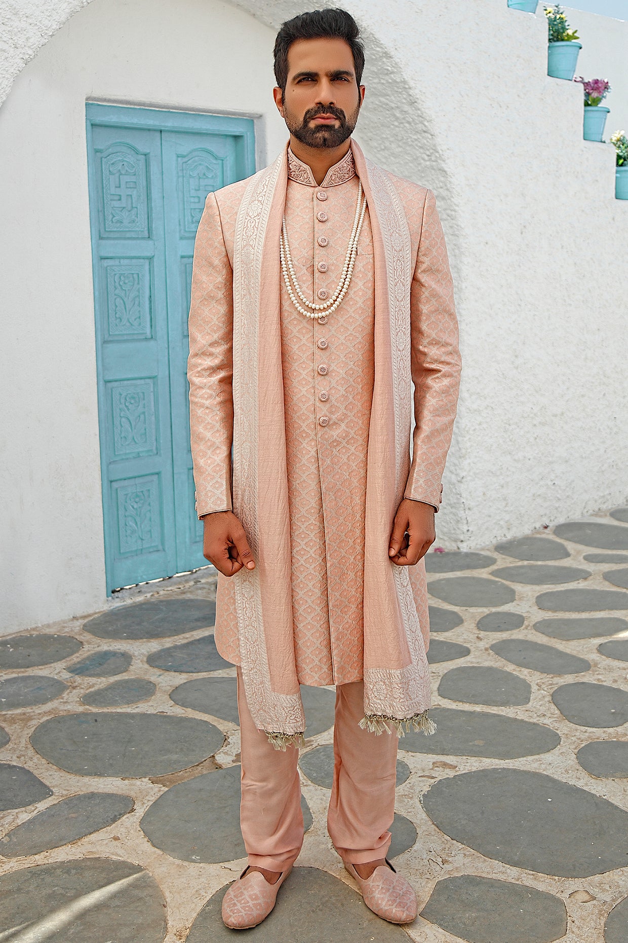 Rose Pink Tanjore Brocade Sherwani Set