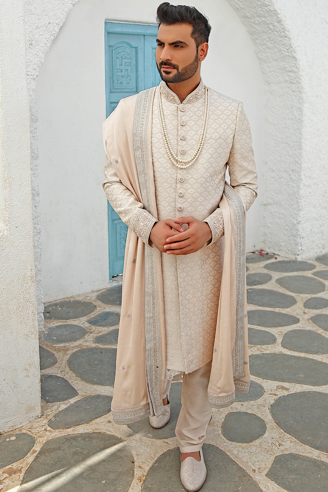 Peach Brocade Sherwani Set
