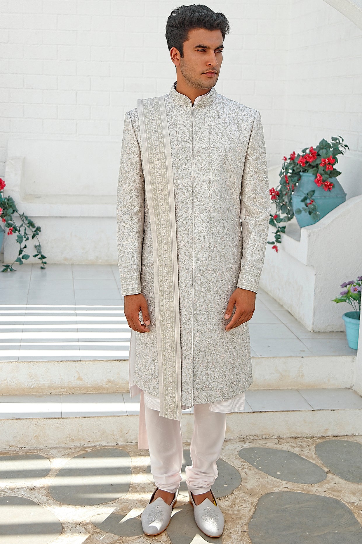 Grey Resham Embroidered Sherwani Set