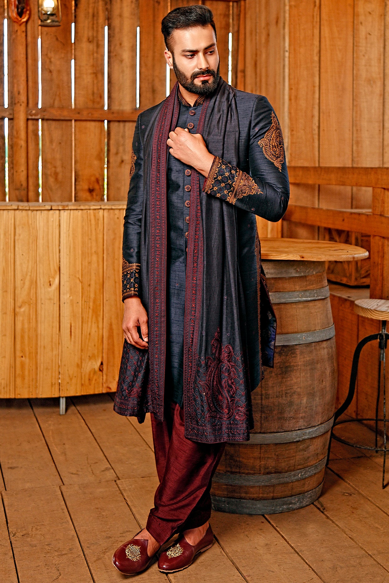 White floral embroidery sherwani set main image 1