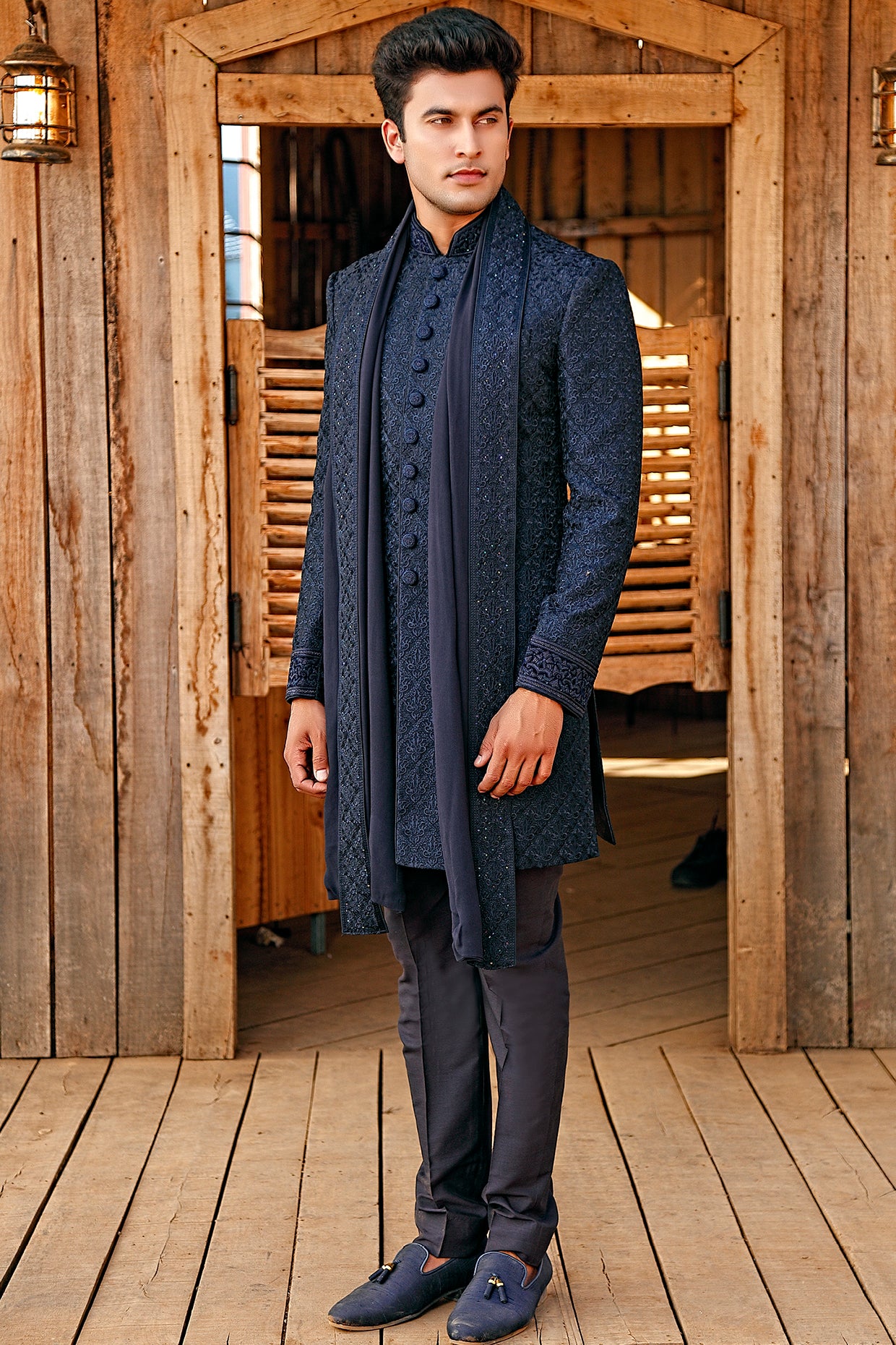Navy Blue Self Embroidered Sherwani Set