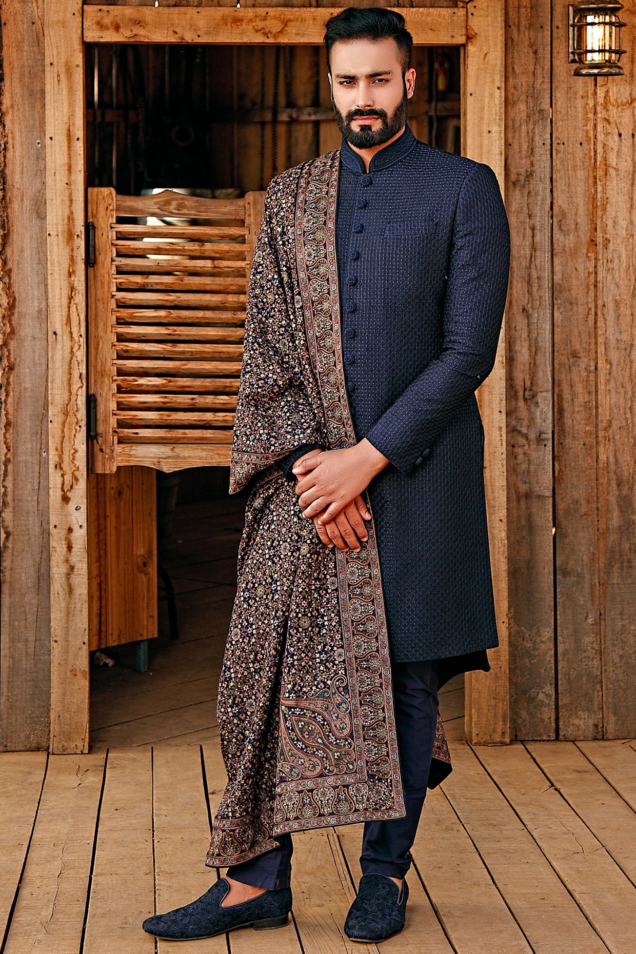 Navy Blue Silk Embroidered Sherwani Set