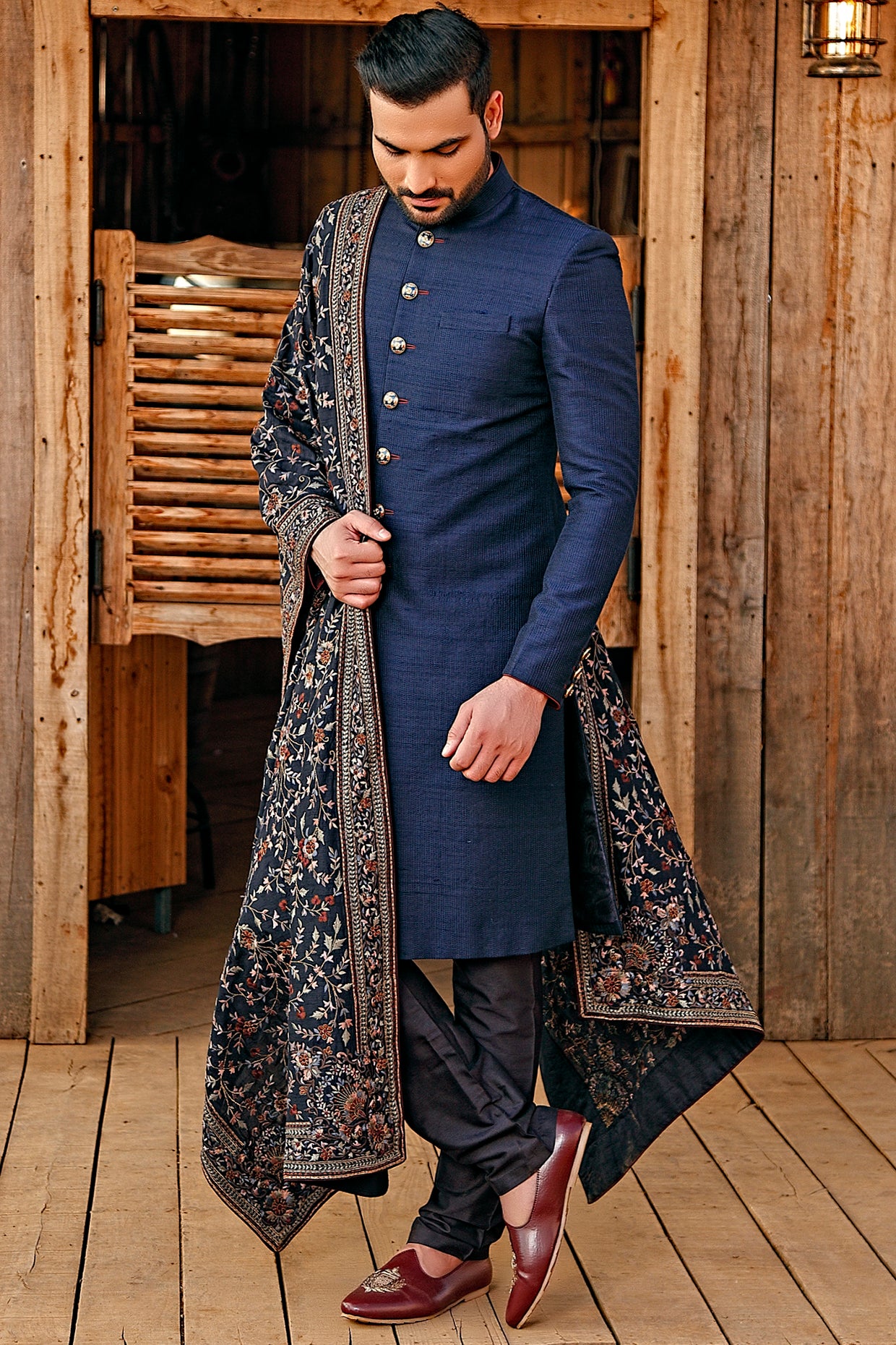 Navy Blue Textured Embroidered Sherwani Set