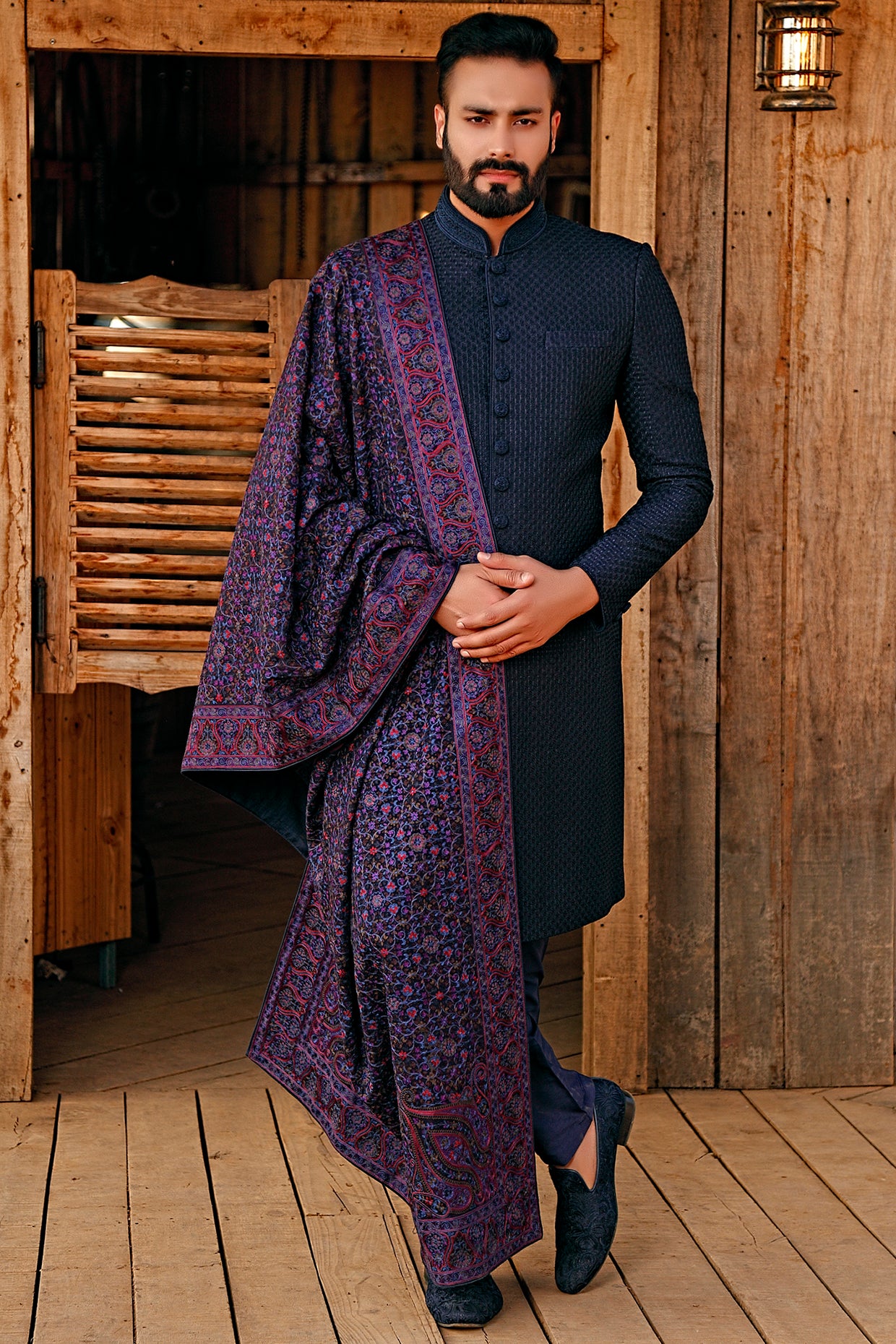 Navy Blue Silk Self Embroidered Sherwani Set