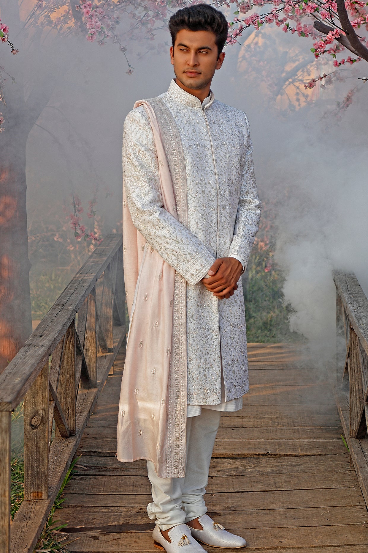 Ivory Embroidered Sherwani Set With Dupatta