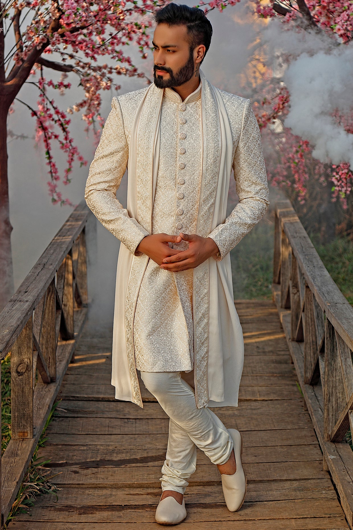 Pearl White Embroidered Sherwani Set With Dupatta
