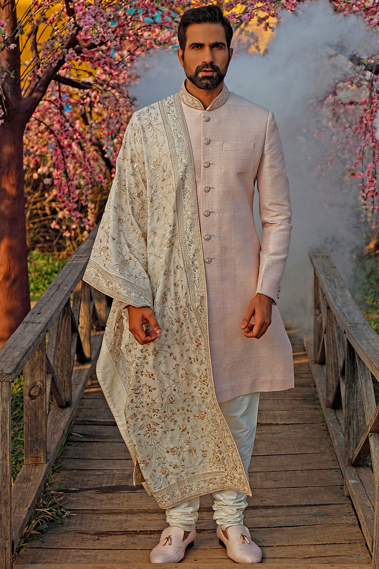 Dull Rose Textured Sherwani Set With Dupatta