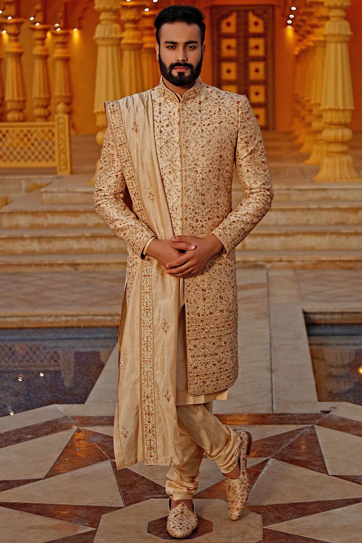 Gold Raw Silk Sherwani Set