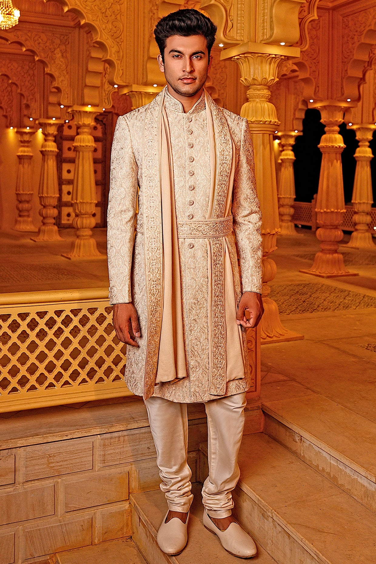 Beige Embroidered Sherwani Set With Dupatta