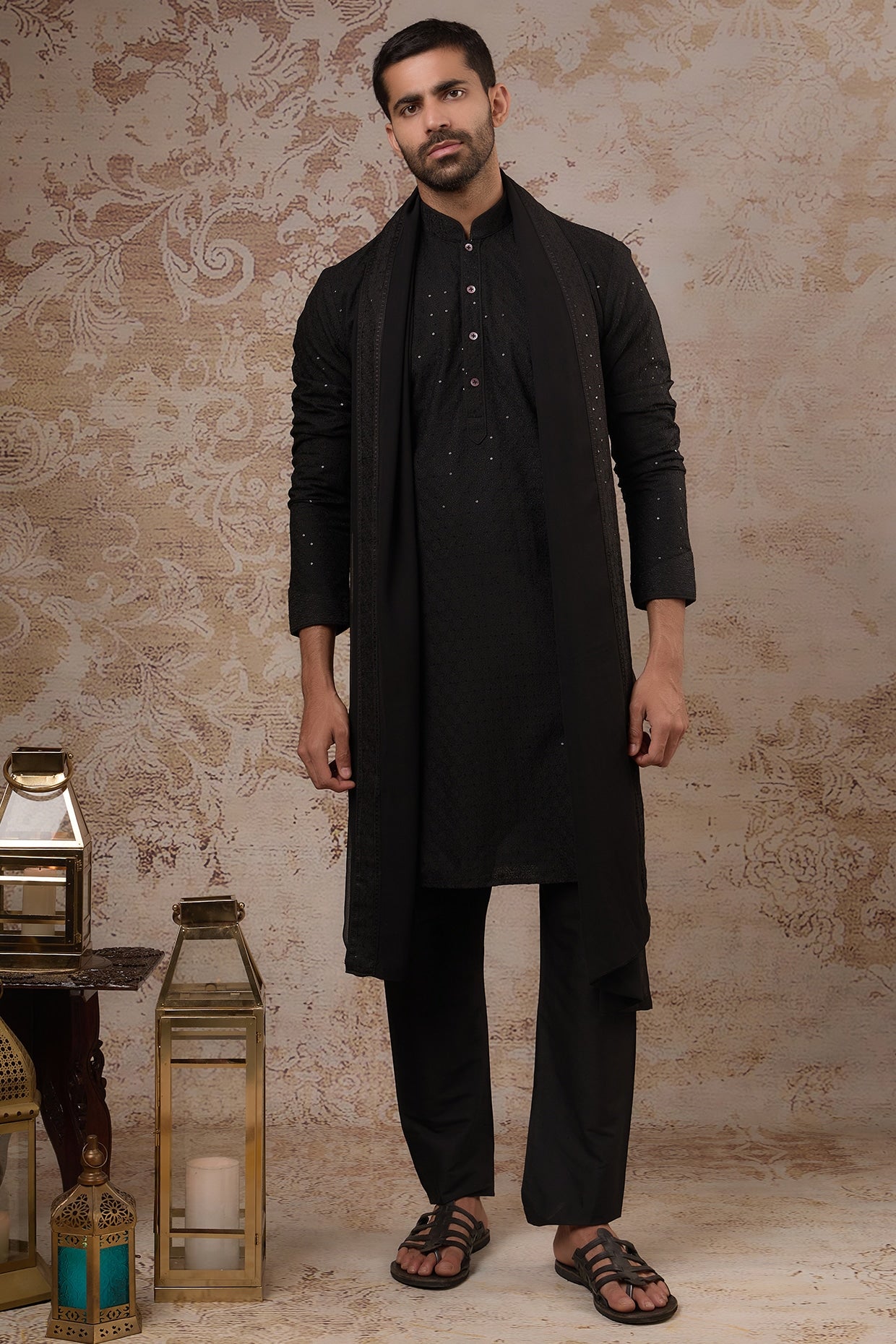 Black Blended Silk Kurta Set