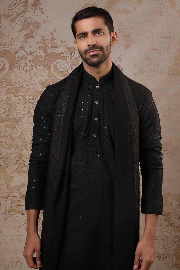 Black Blended Silk Kurta Set