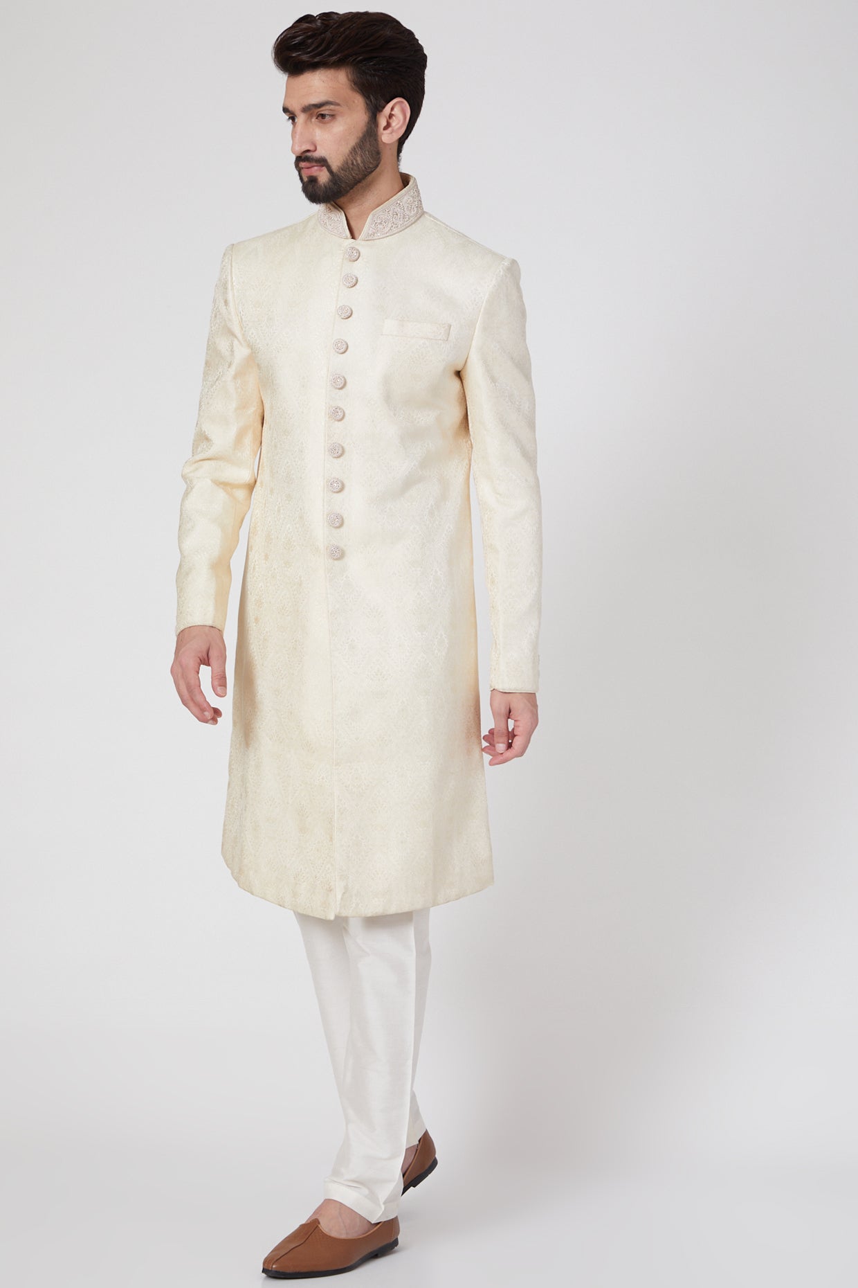 Peach Jamawar Silk Sherwani Set