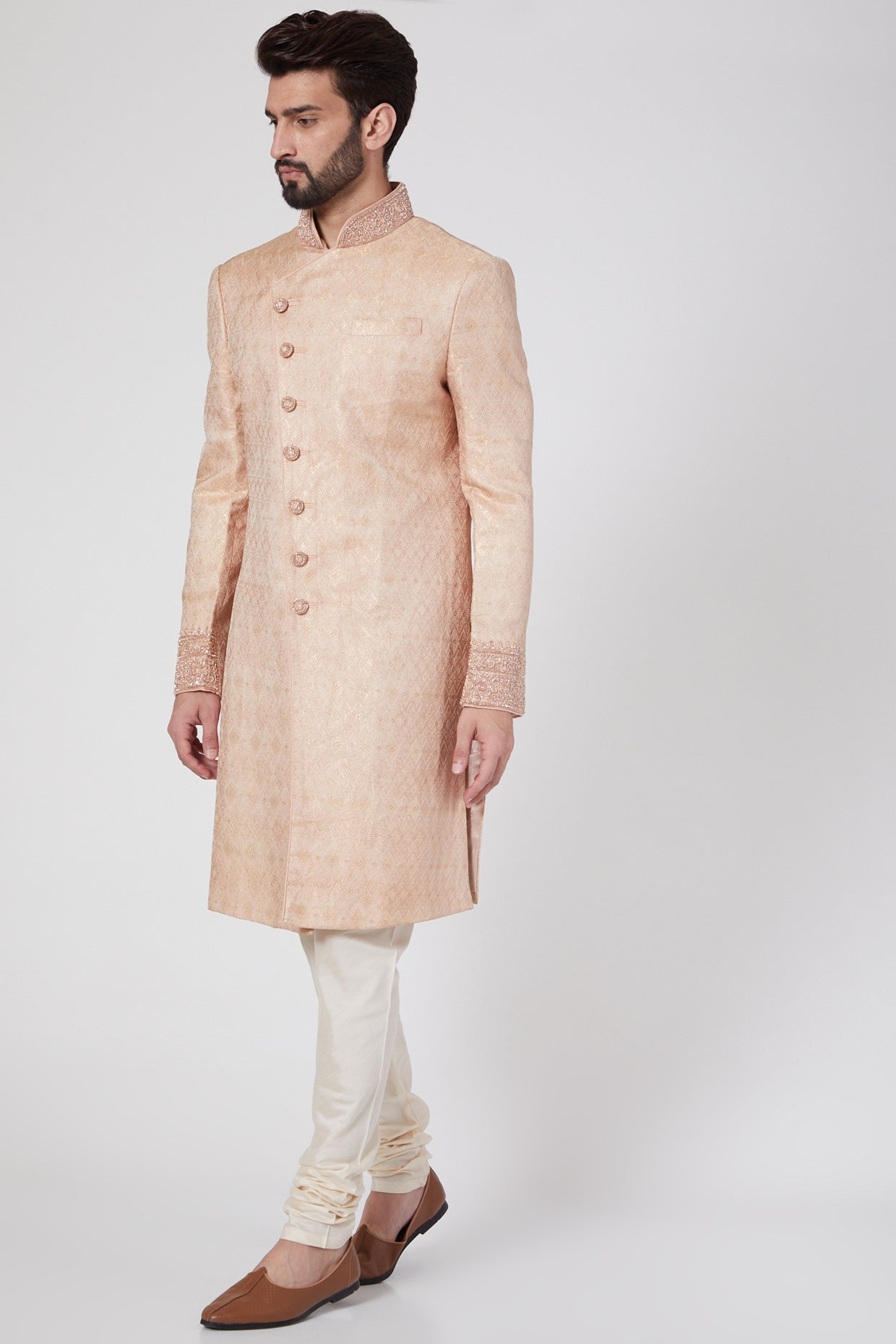 Blush Pink & Golden Matka Silk Sherwani Set