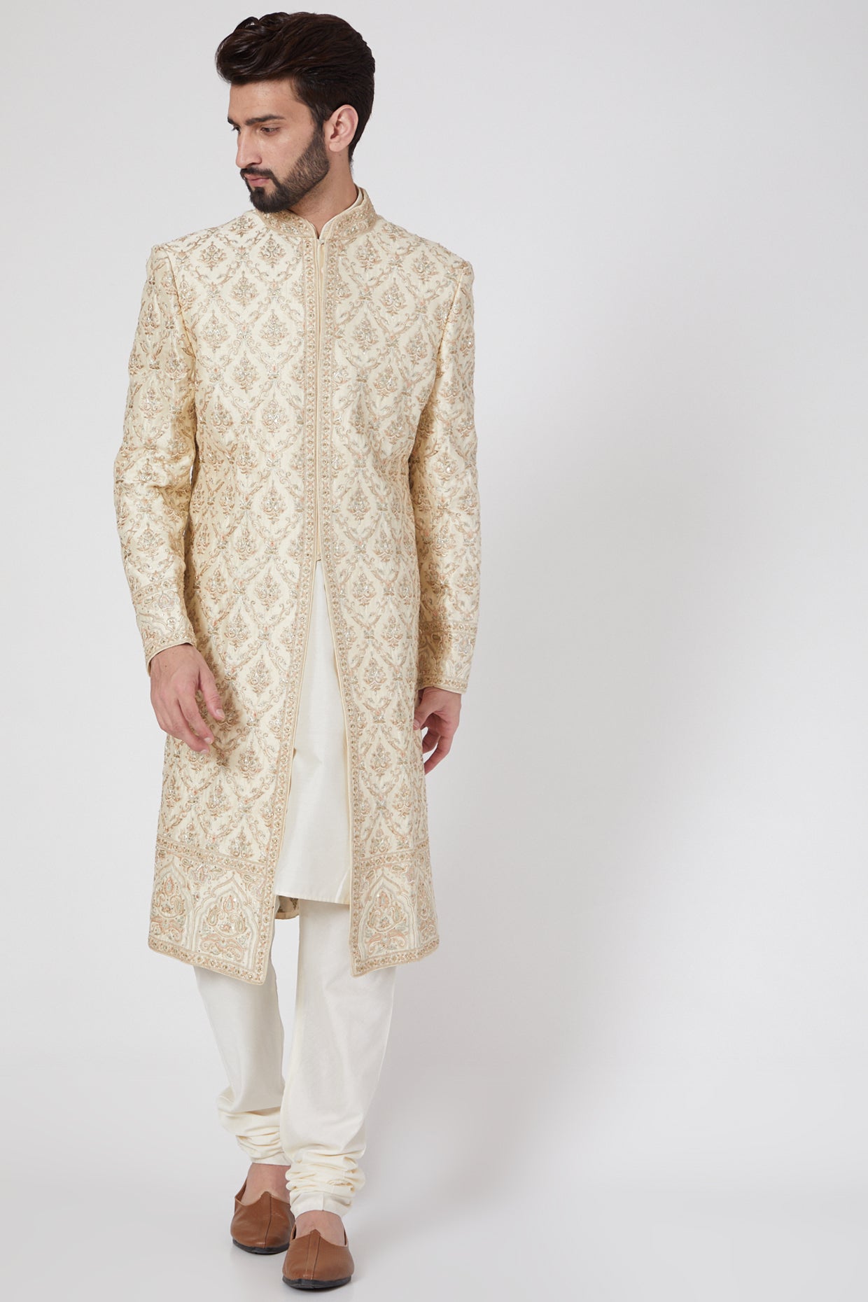 Cream Raw Silk Sherwani Set