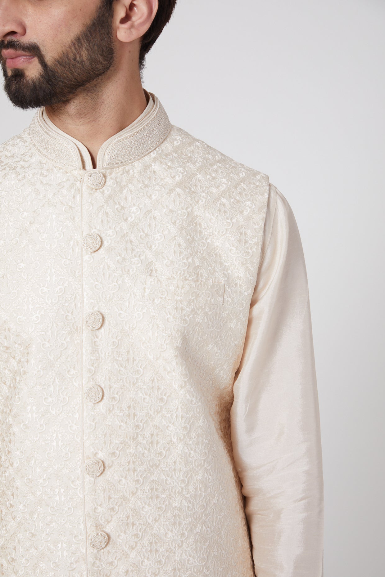 Pearl White Kurta Set With Embroidered Bundi Jacket