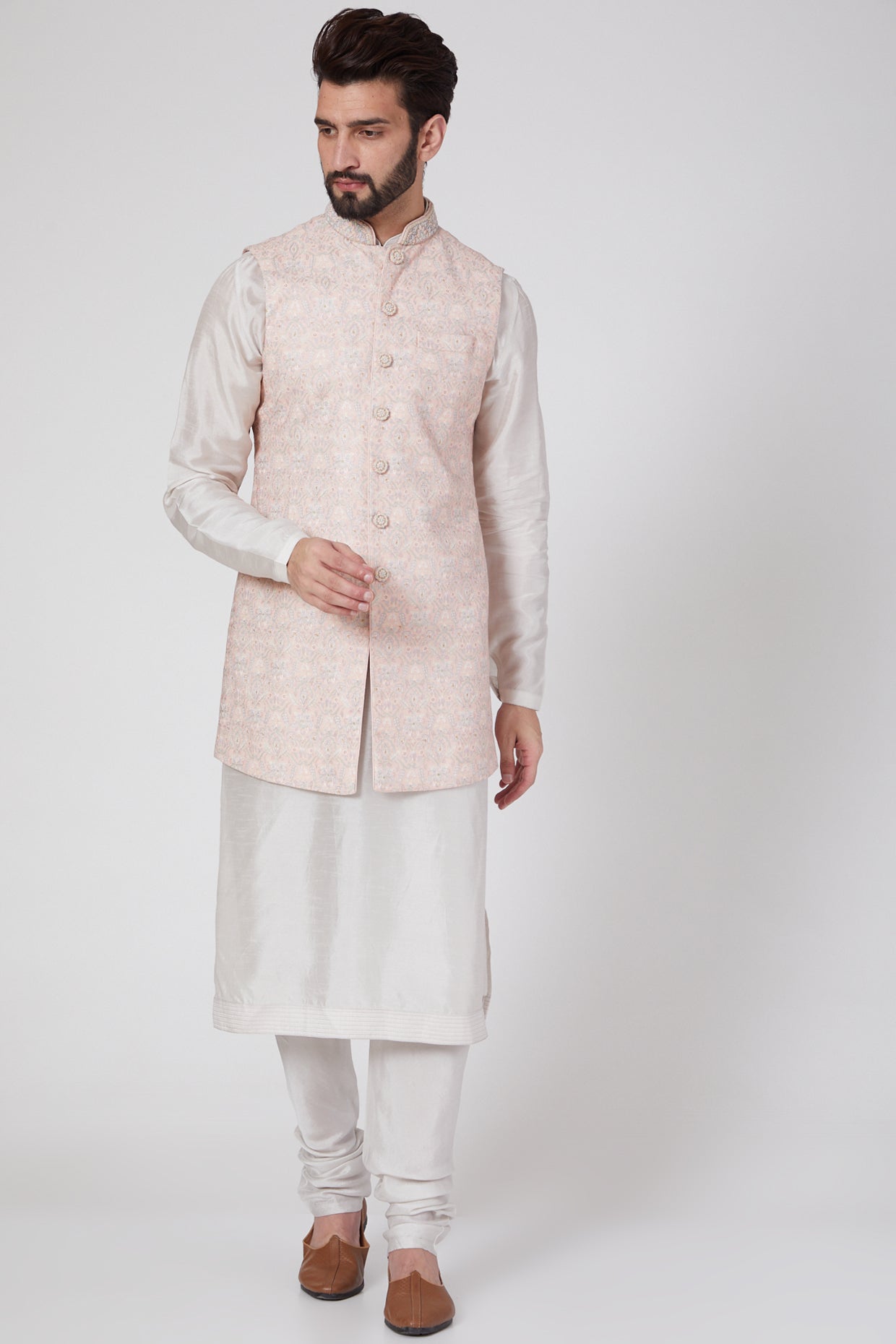 Blush Pink Silk Kurta Set With Bundi Jacket