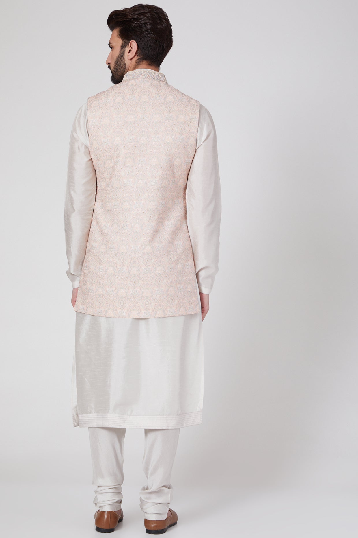 Blush Pink Silk Kurta Set With Bundi Jacket