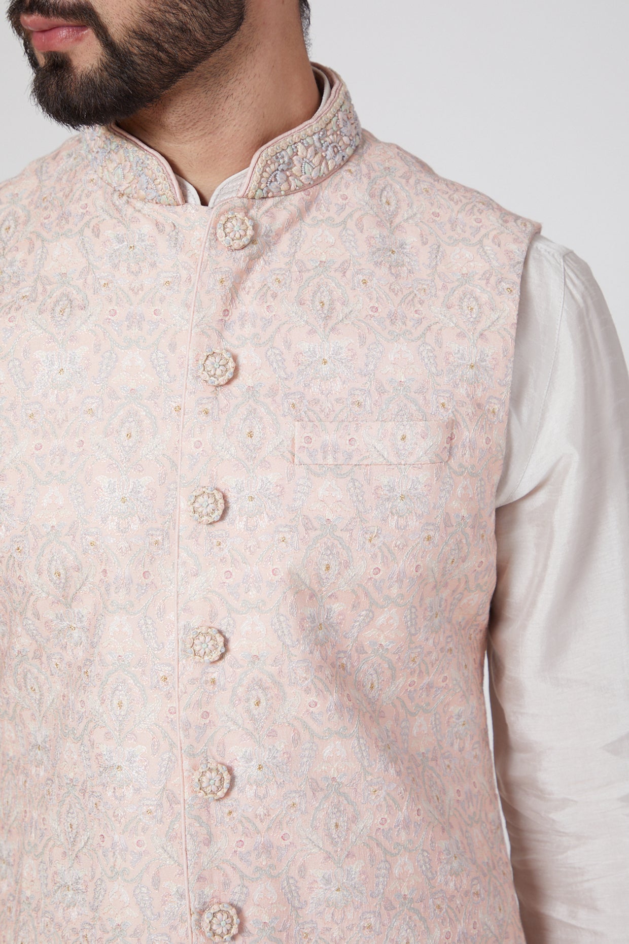 Blush Pink Silk Kurta Set With Bundi Jacket