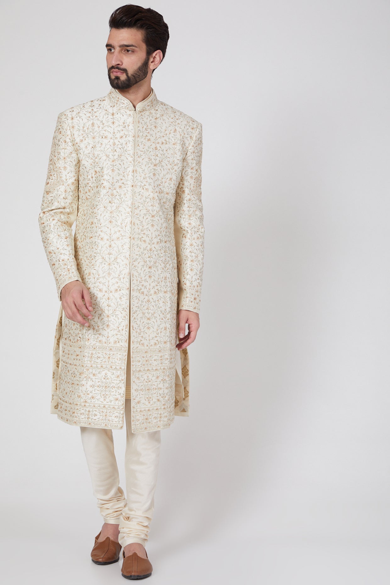 White Blended Silk Sherwani Set
