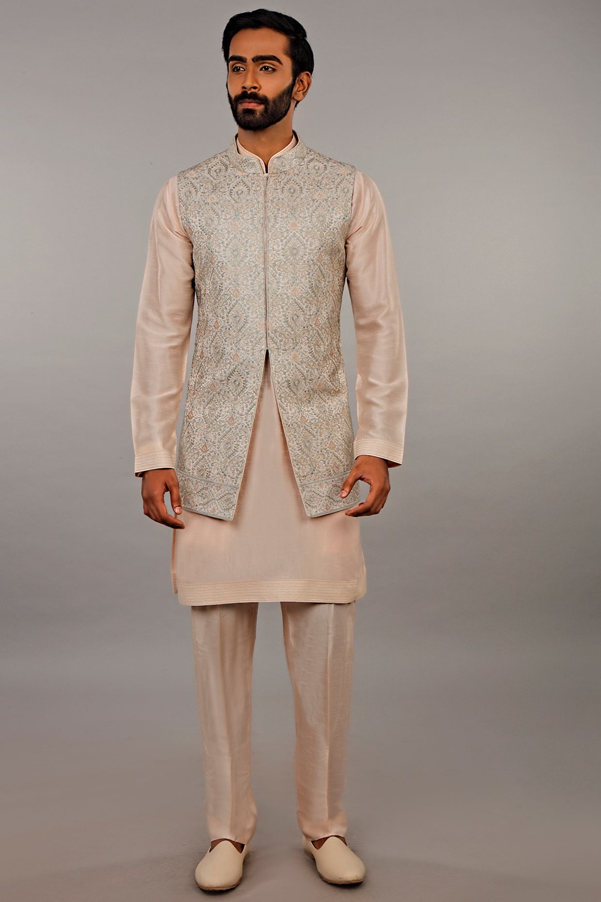Grey & Peach Embroidered Kurta