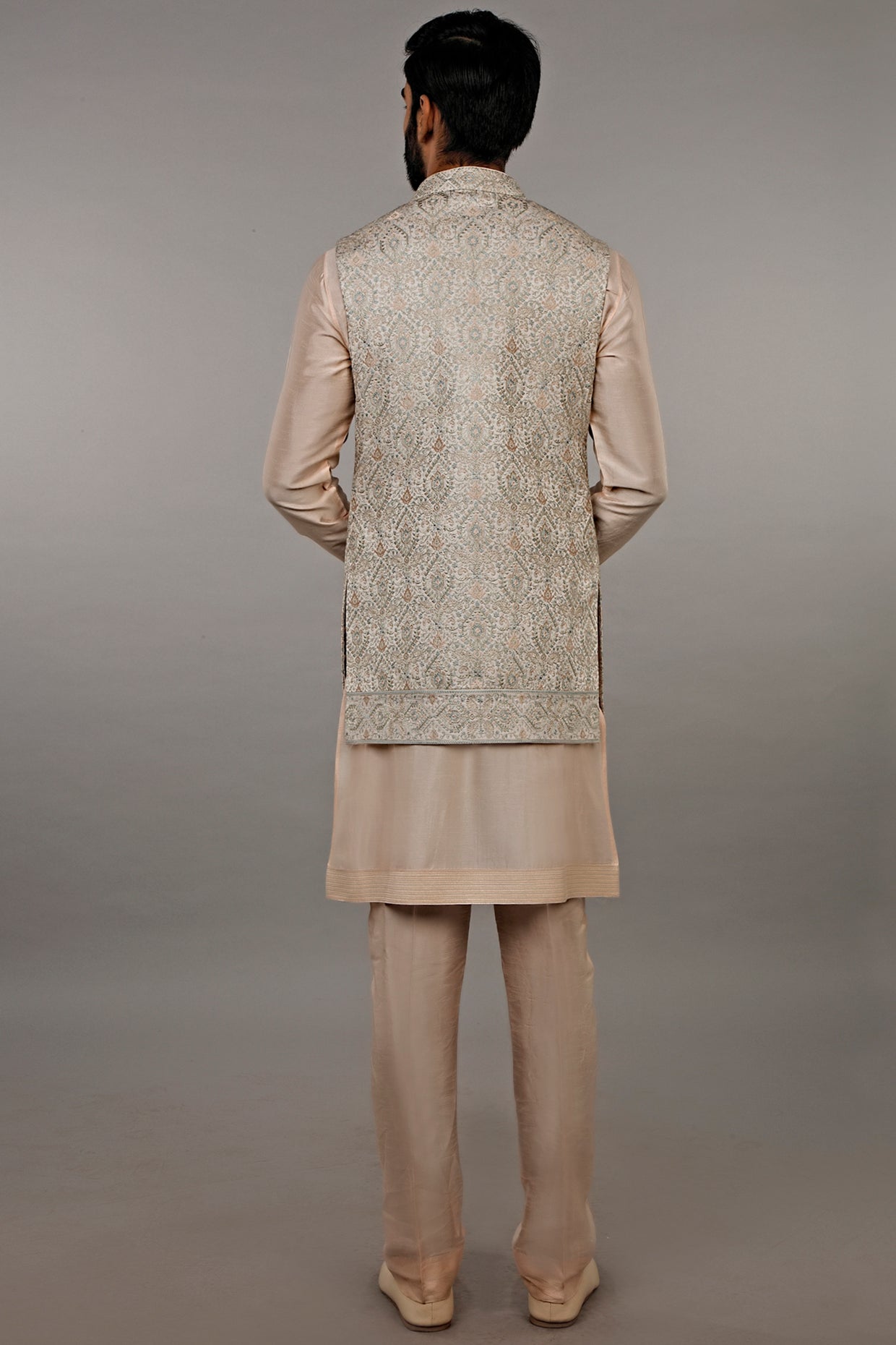 Grey & Peach Embroidered Kurta