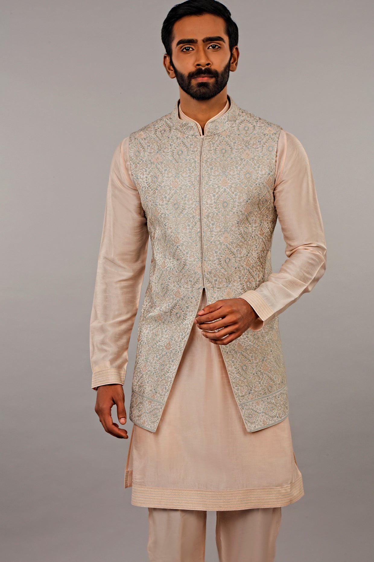 Grey & Peach Embroidered Kurta