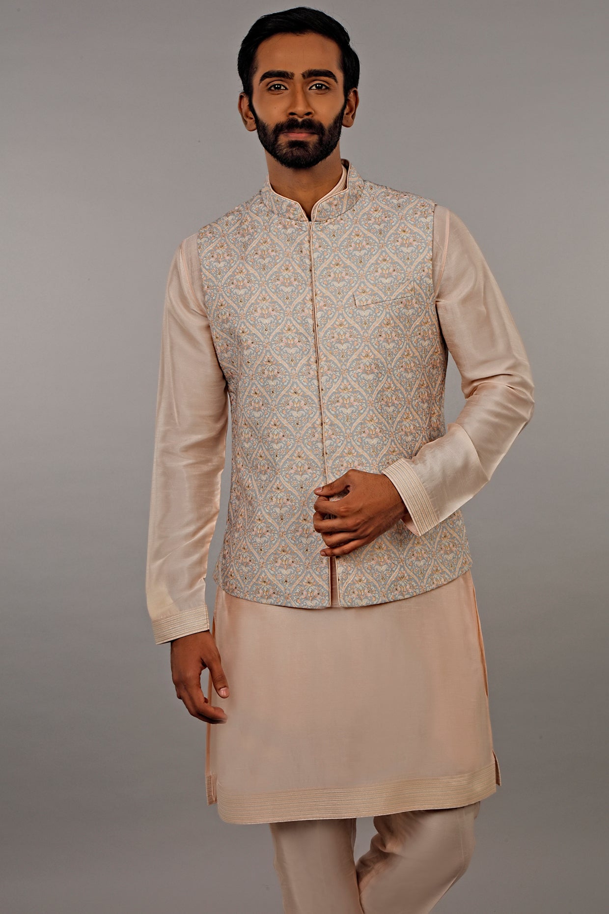 Grey 3D Printed Bundi Jacket Set