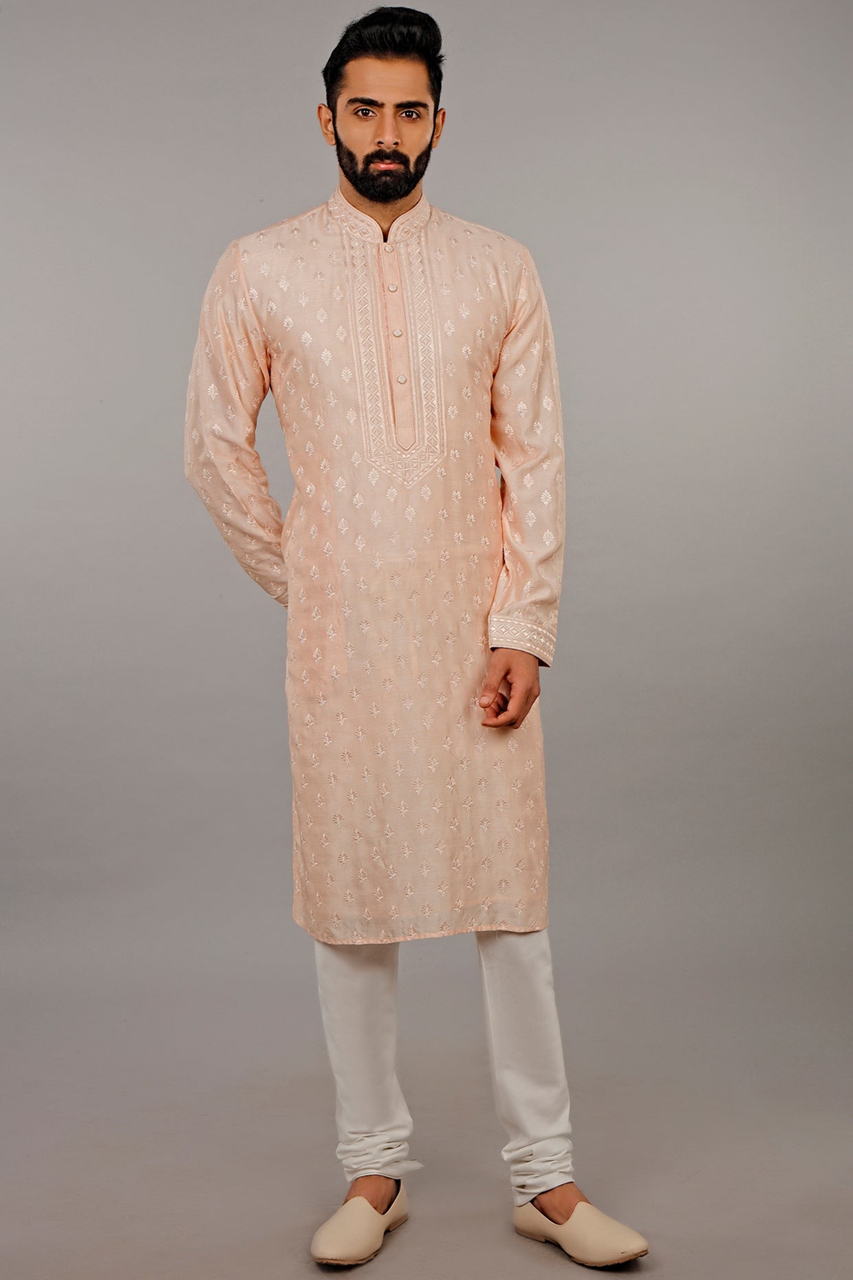 Peach Embroidered Kurta With Churidar Pants