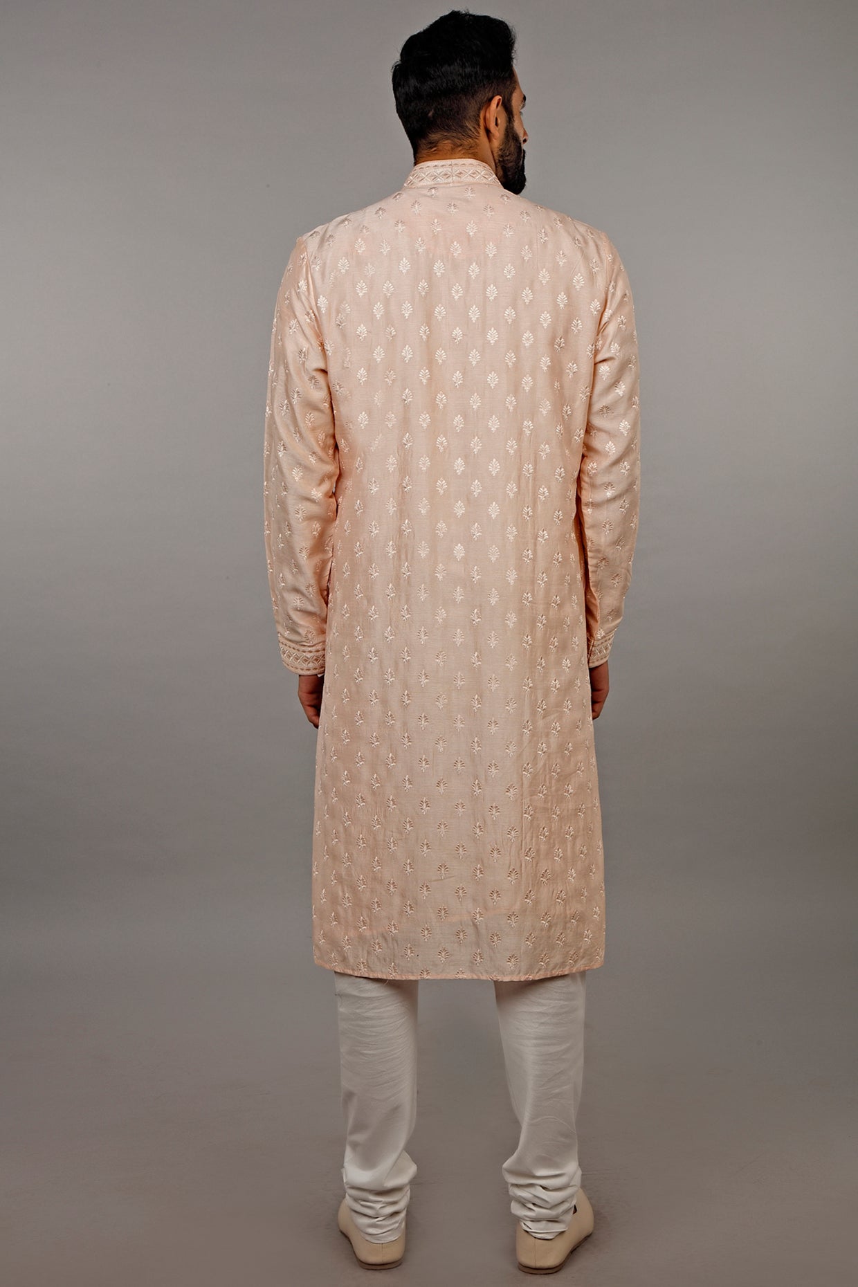 Peach Embroidered Kurta With Churidar Pants