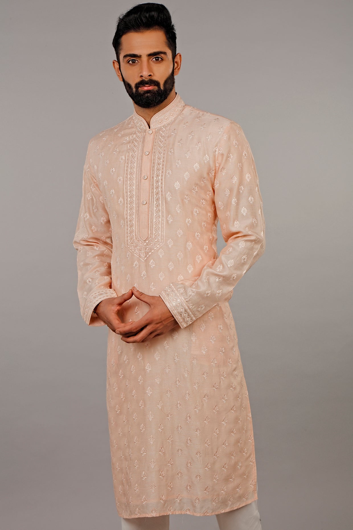 Peach Embroidered Kurta With Churidar Pants