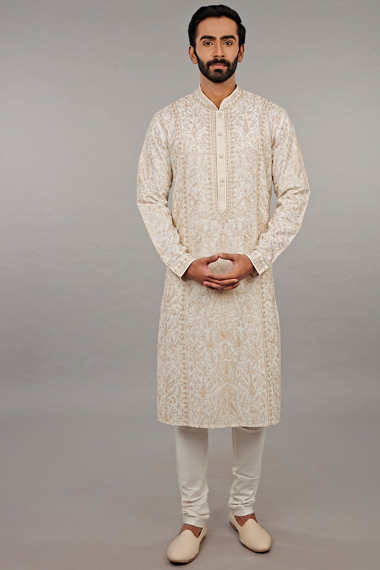 Cream & Pink Embroidered Kurta Set