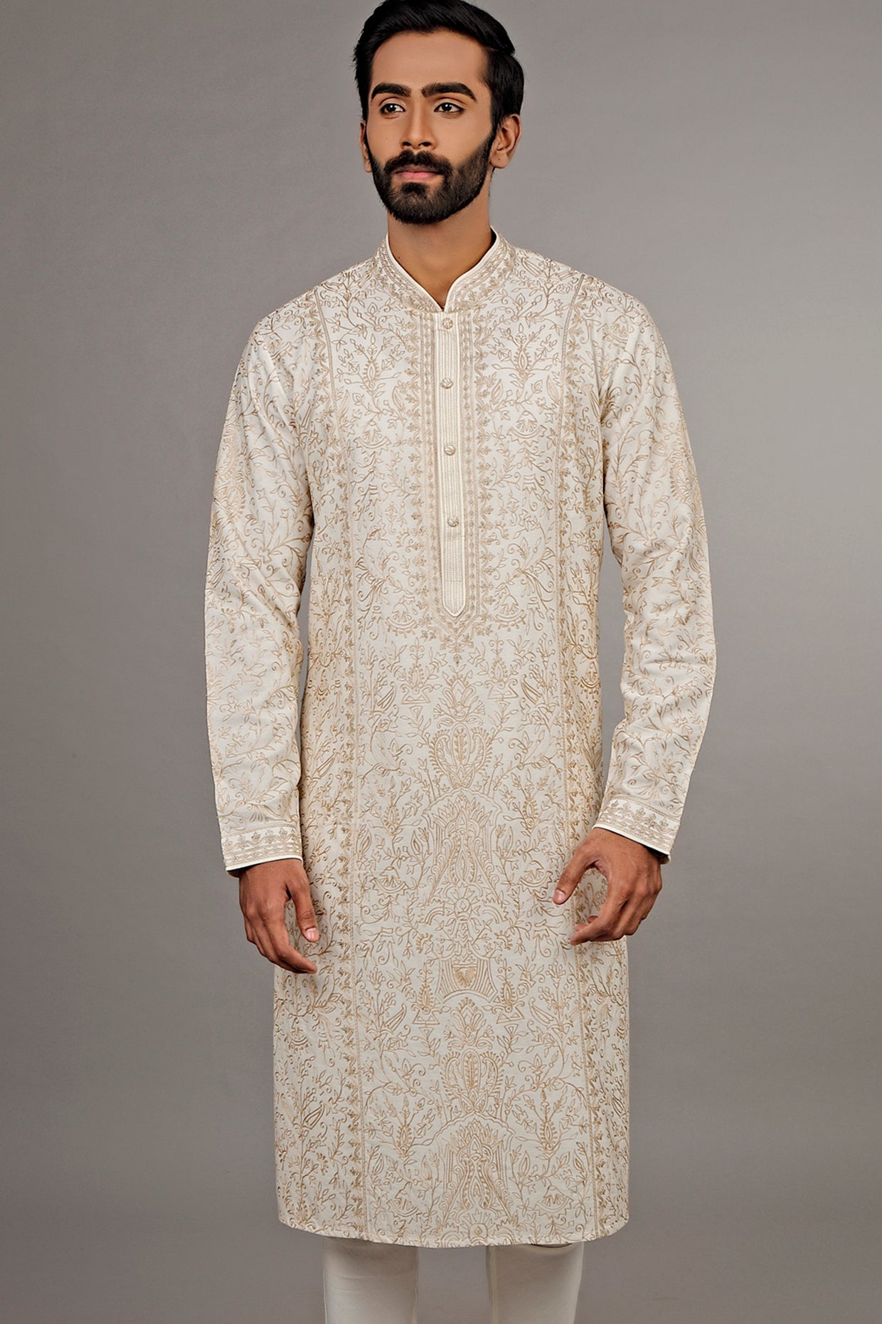 Cream & Pink Embroidered Kurta Set