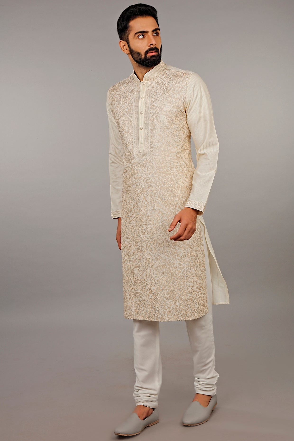 Cream & Beige Embroidered Kurta Set