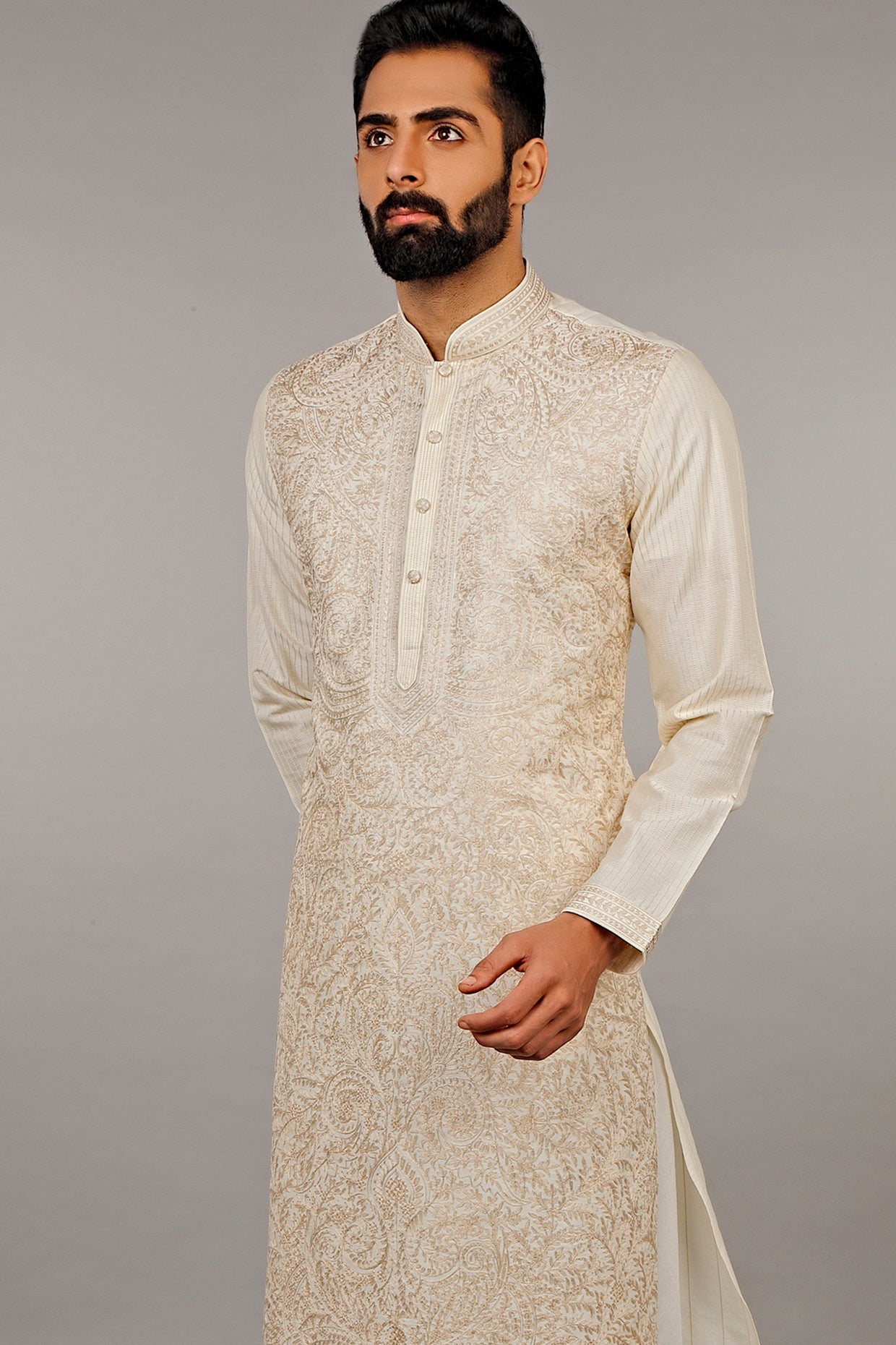 Cream & Beige Embroidered Kurta Set