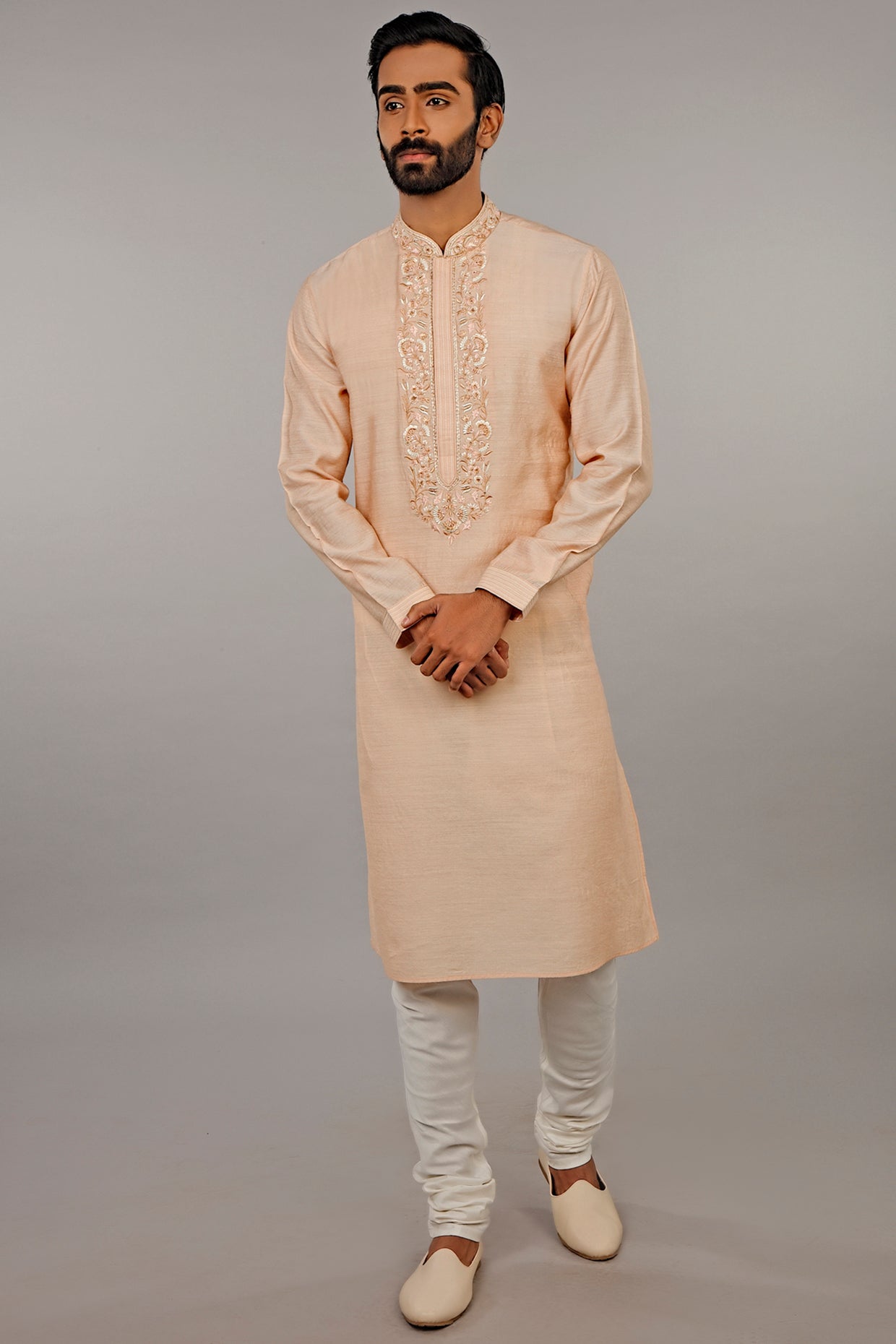 Peach Thread Embroidered Kurta Set
