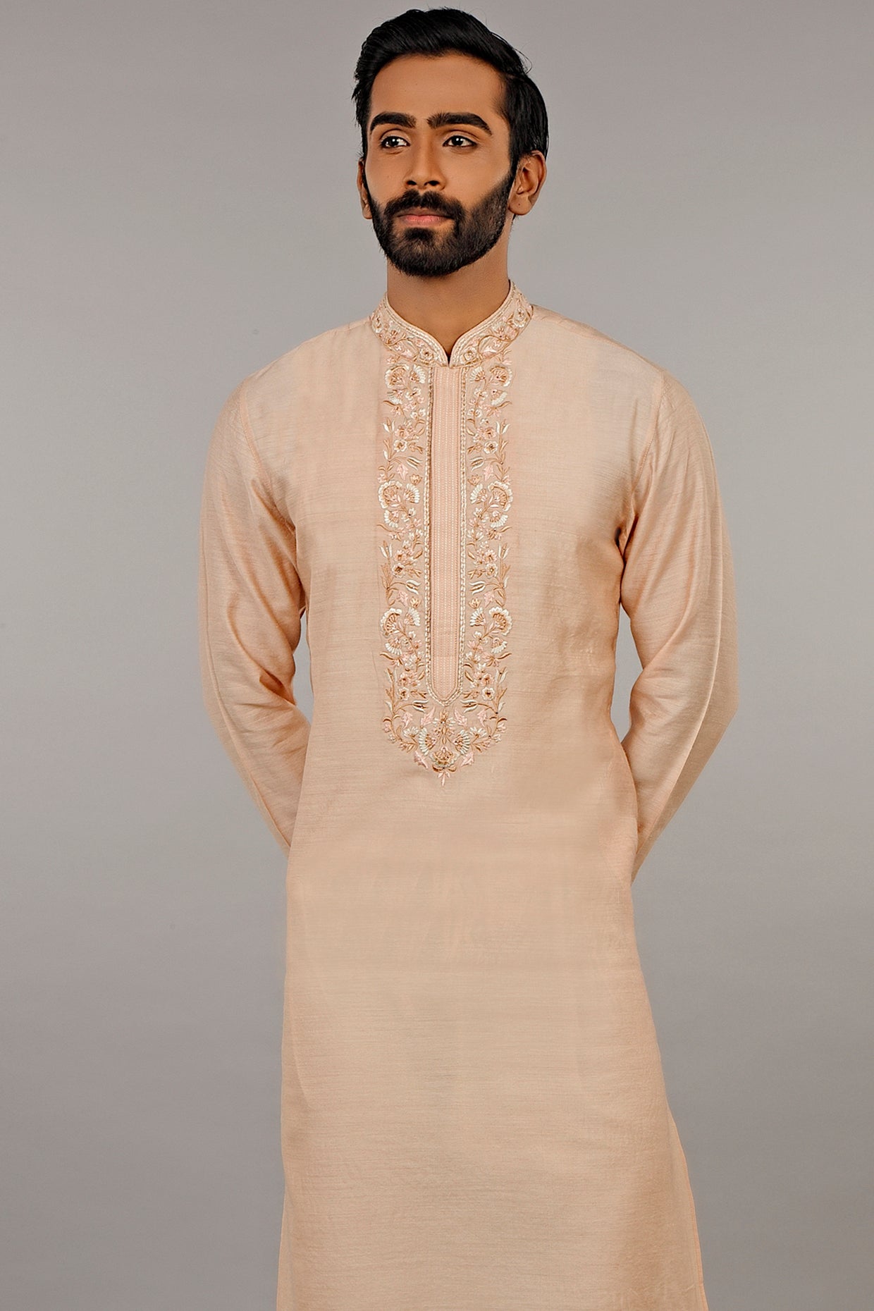 Peach Thread Embroidered Kurta Set