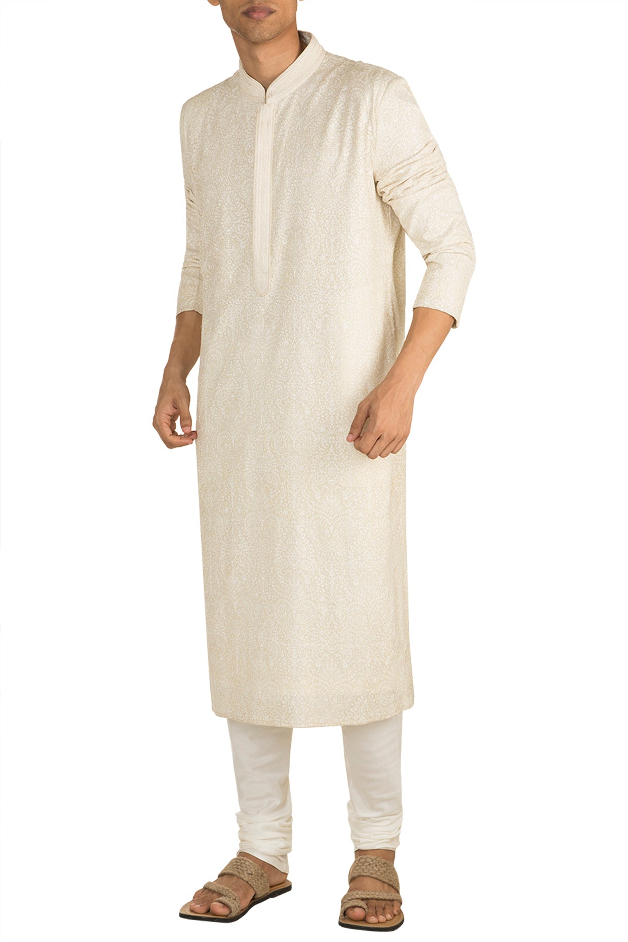Cream Embroidered Kurta With Churidar Pants