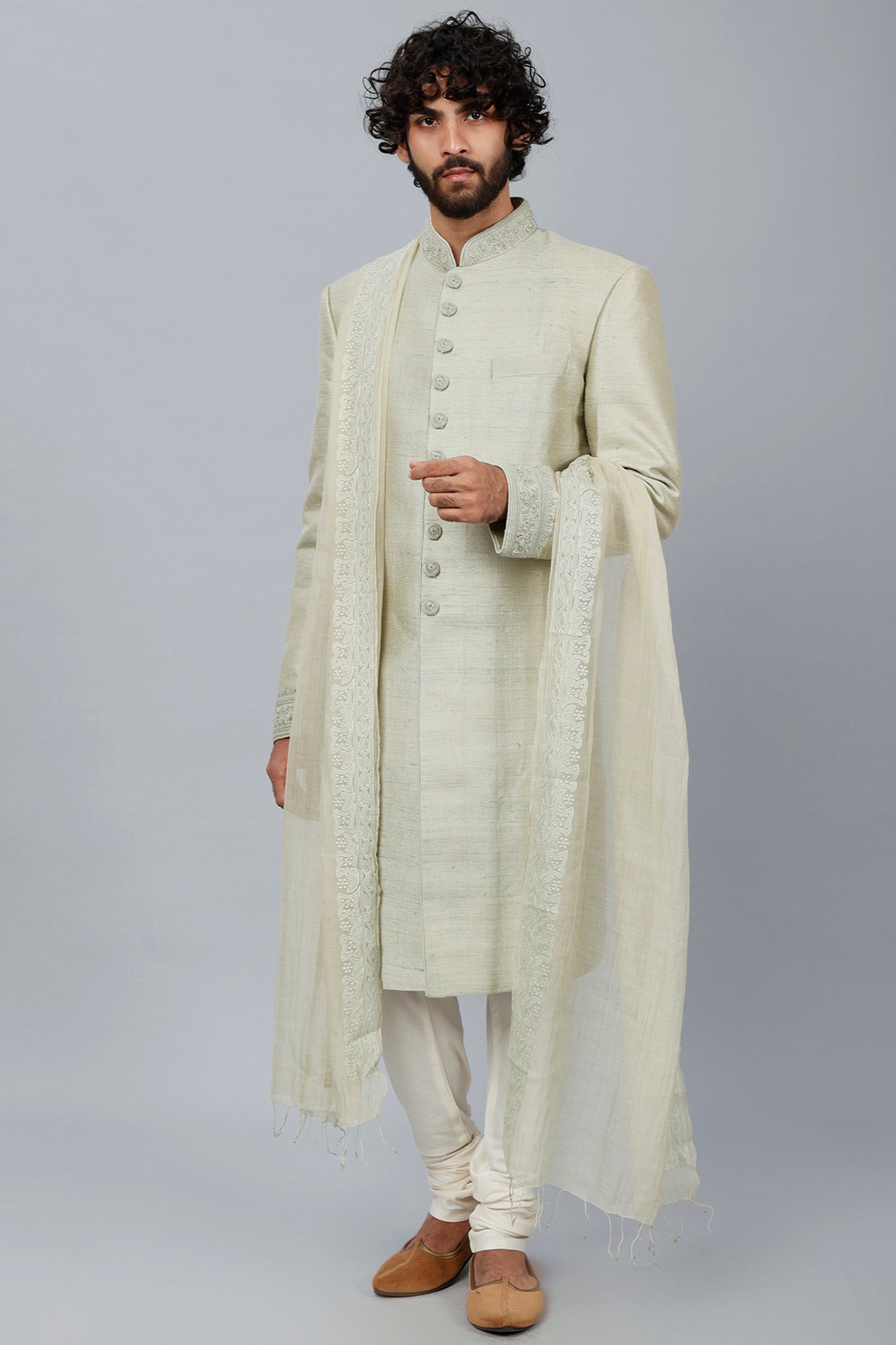 Mint Green Sherwani Set With Hand Embroidery