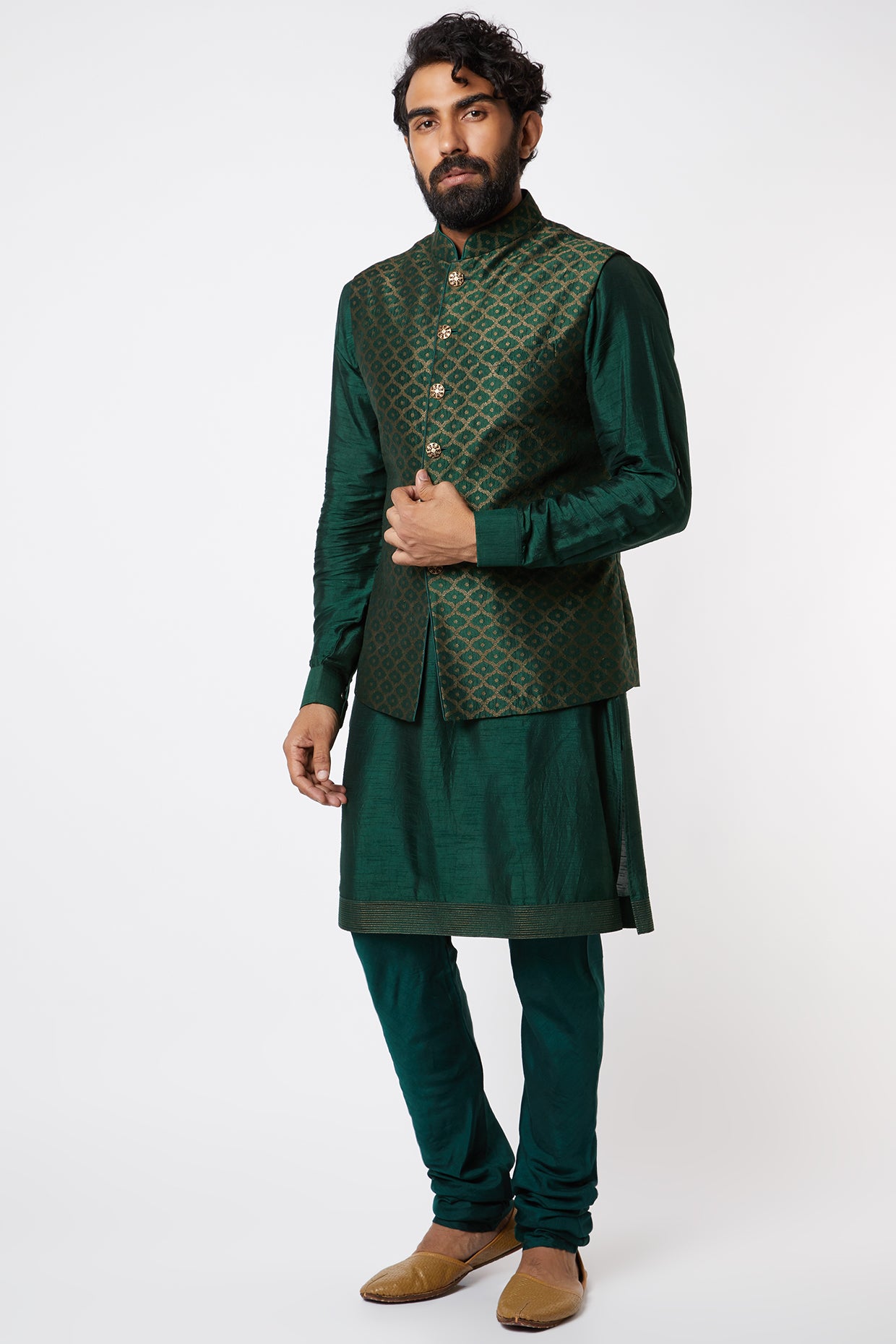 Emerald Green Brocade Silk Kurta Set