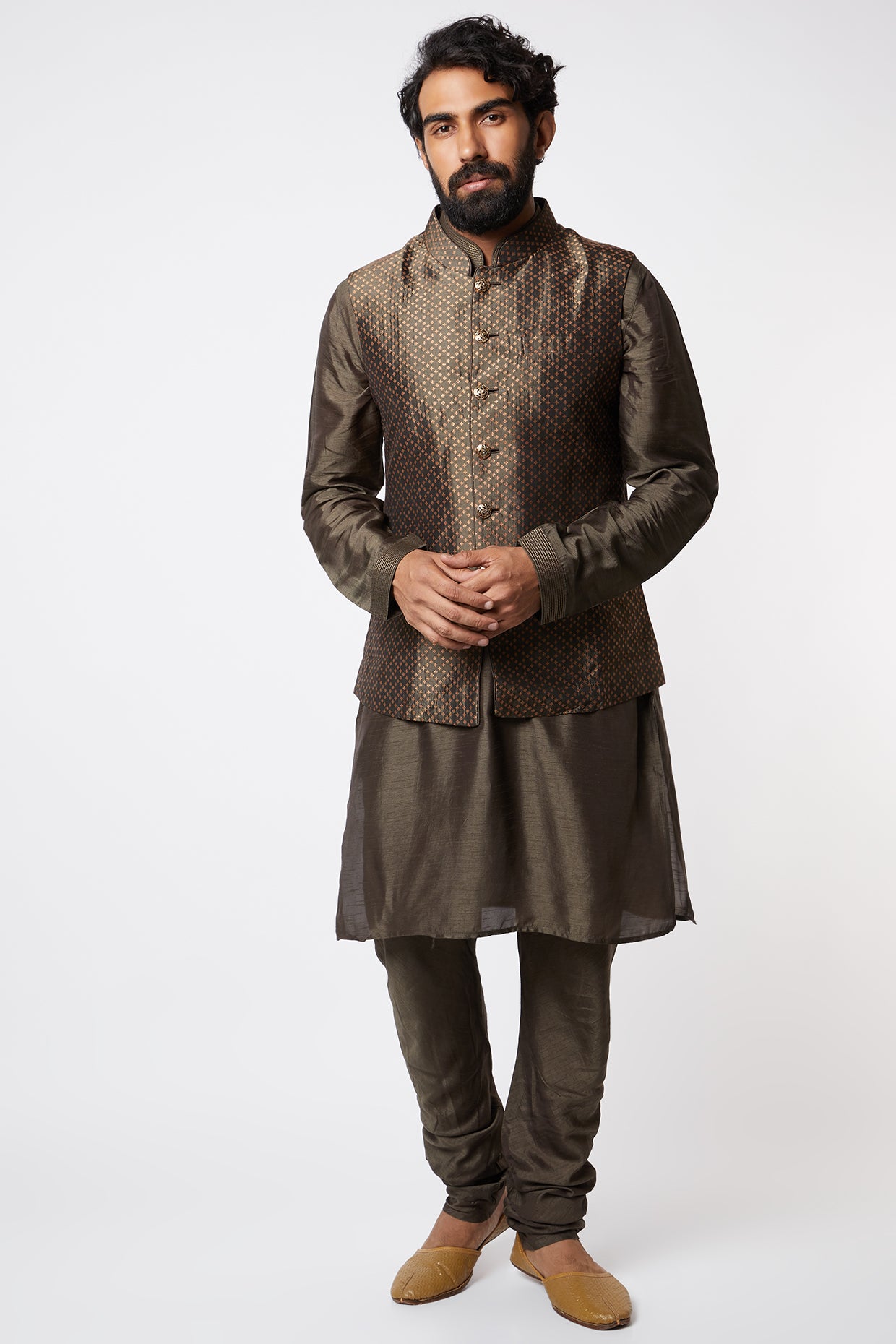 Olive Green Brocade Silk Kurta Set