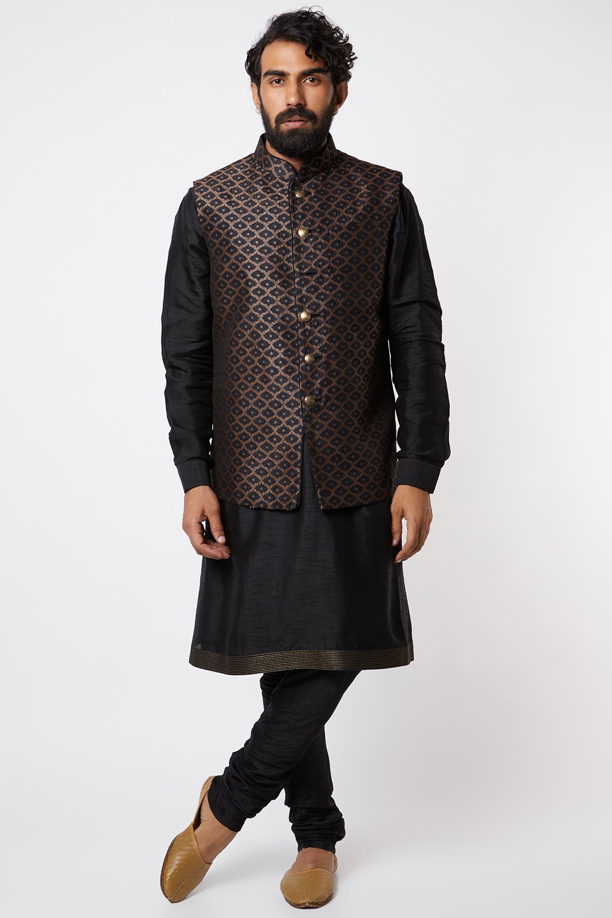 Black Brocade Silk Kurta Set
