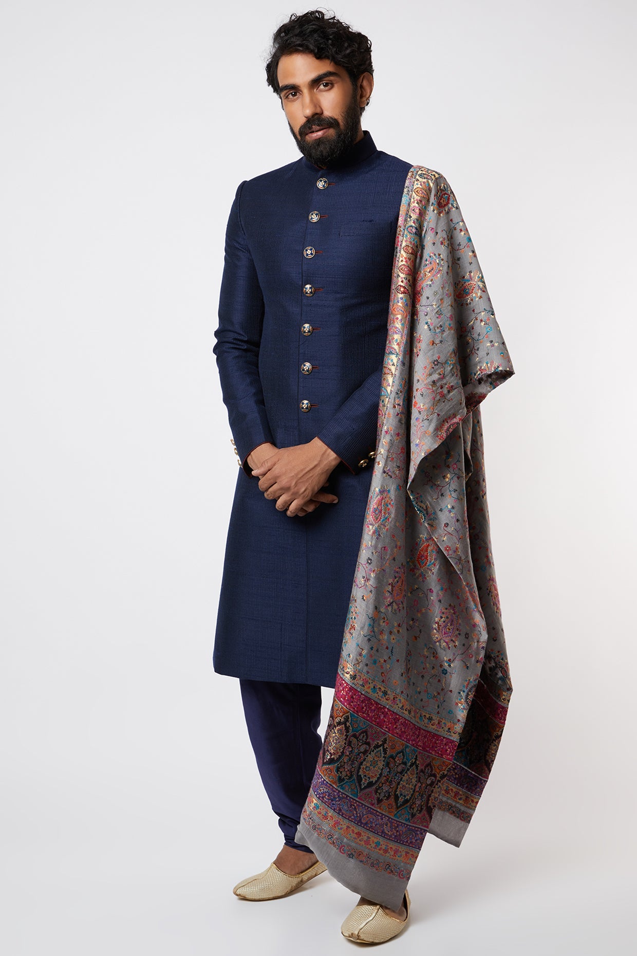 Cobalt Blue Sherwani Set With Dupatta