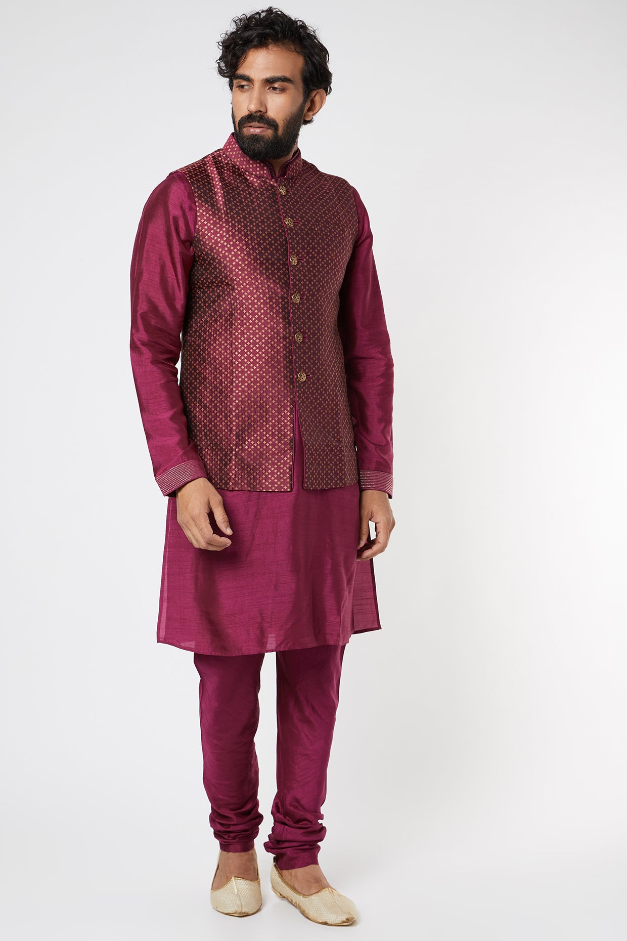 Fuchsia Kurta Set With Bundi Jacket