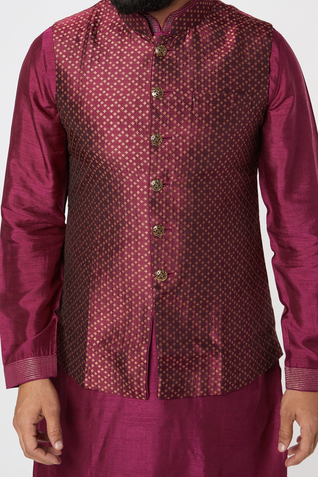Fuchsia Kurta Set With Bundi Jacket